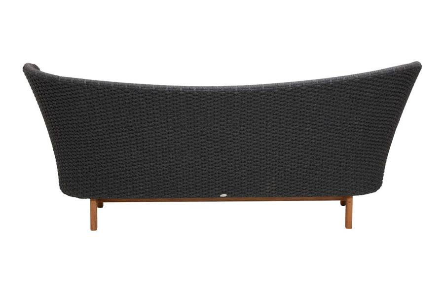 Peacock Wing 3 Seater Sofa with Teak Legs by Cane-Line, showing back view of peacock wing 3 seater sofa with teak legs in dark grey soft rope.