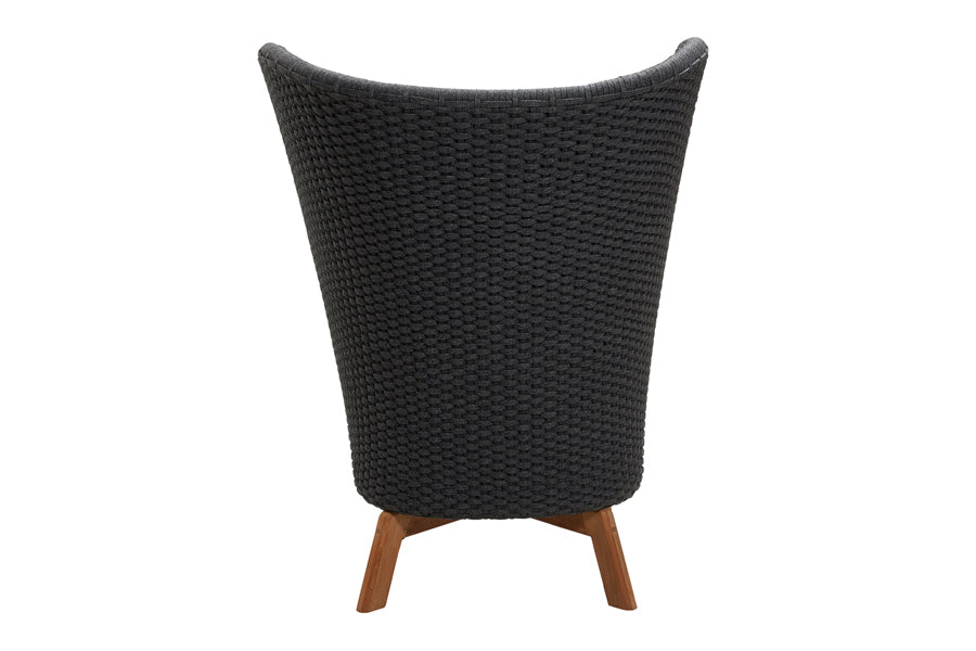 Peacock Wing Highback Chair with Teak Legs by Cane-Line, showing back view of peacock wing highback chair in teak/dark grey soft rope.