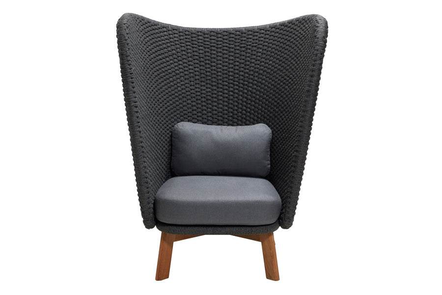 Peacock Wing Highback Chair with Teak Legs by Cane-Line, showing front view of peacock wing highback chair in teak/dark grey soft rope.