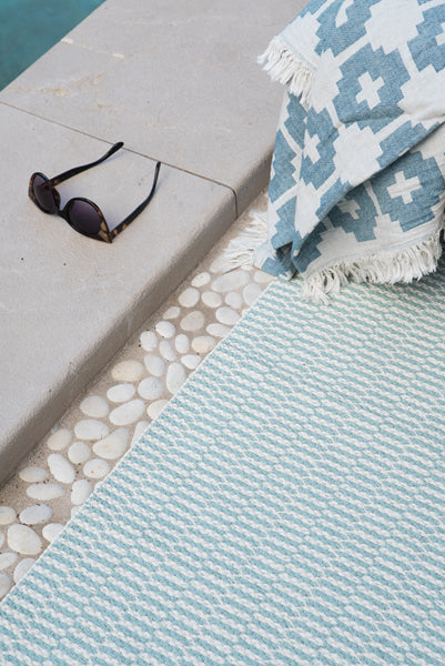 Pemba Woven Plastic Rug by Brita, showing closeup view of pemba woven plastic rug in live shot.