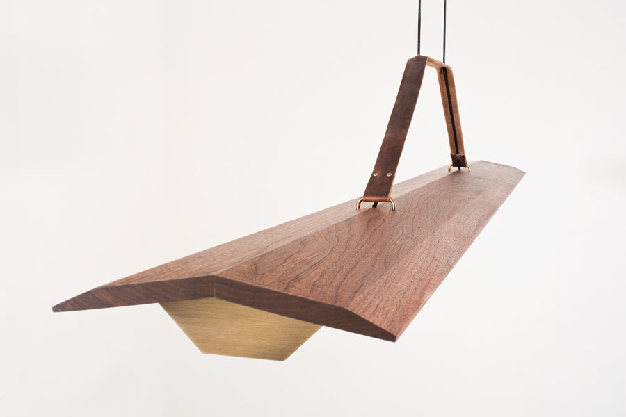 Penna 40" LED Pendant by Cerno, showing side view of penna 40" led pendant in brushed brass metal + walnut wood.