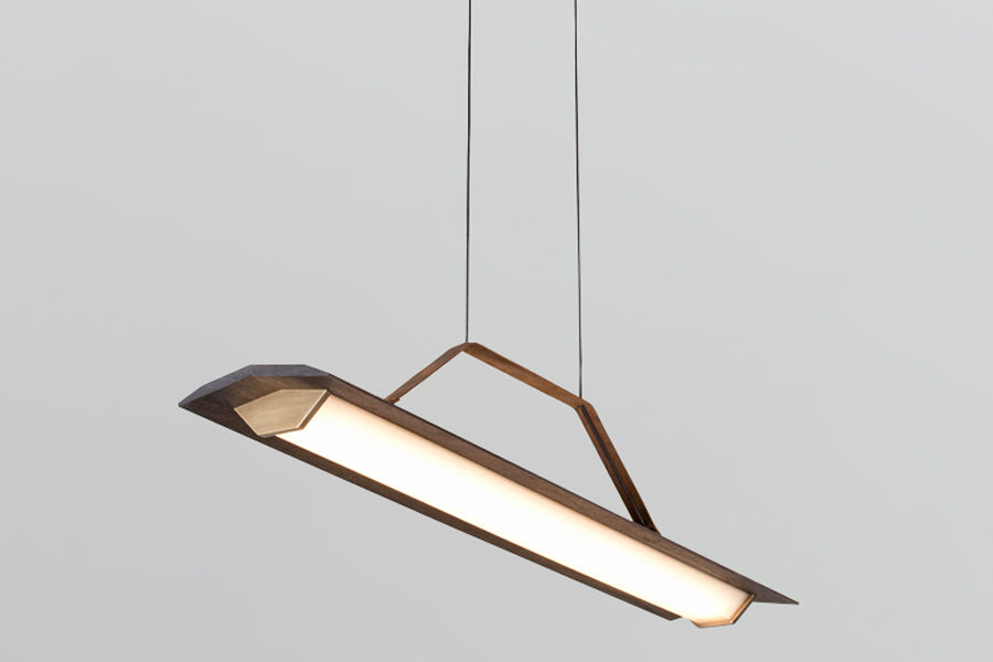 Penna 40" LED Pendant by Cerno, showing side view of penna 40" led pendant in brushed brass metal + walnut wood.