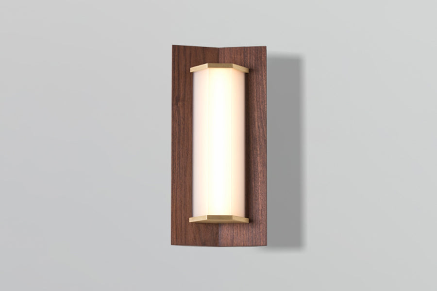 Penna LED Sconce by Cerno, showing front view of penna led sconce in 16", brushed brass metal + walnut wood.