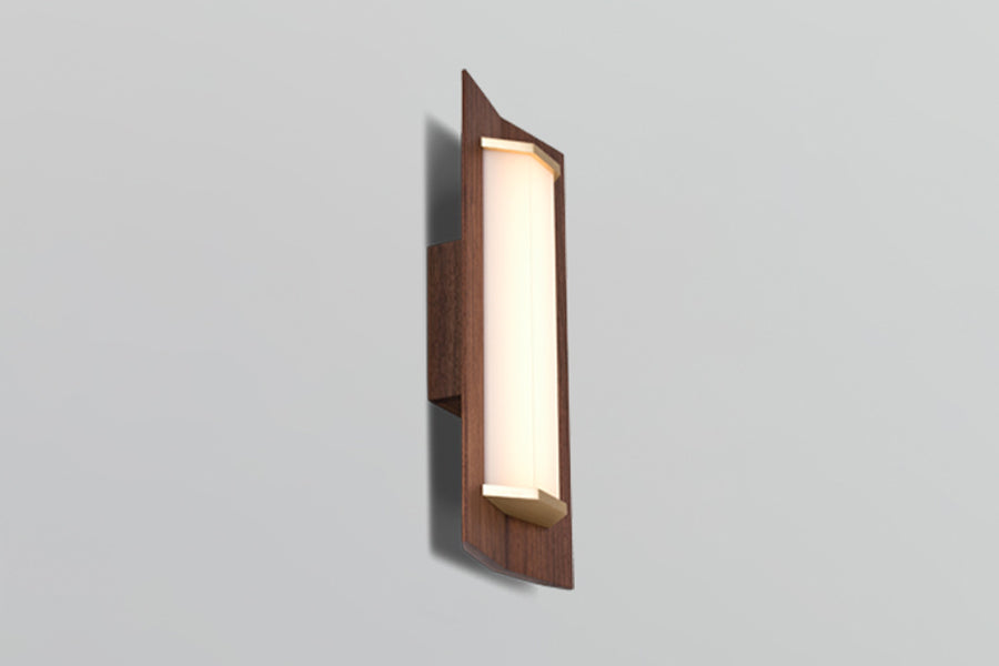 Penna LED Sconce by Cerno, showing side view of penna led sconce in 16", brushed brass metal + walnut wood.