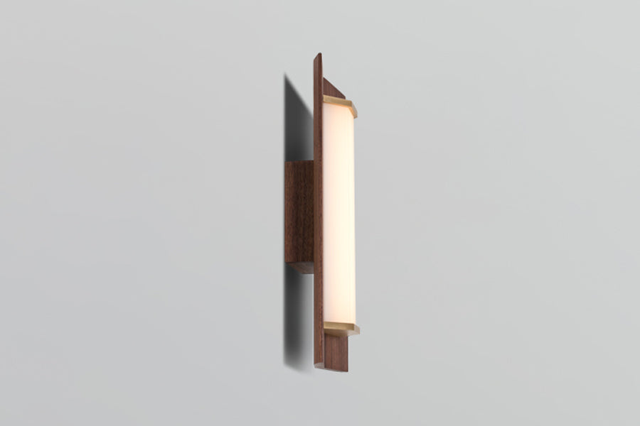 Penna LED Sconce by Cerno, showing side view of penna led sconce in 16", brushed brass metal + walnut wood.