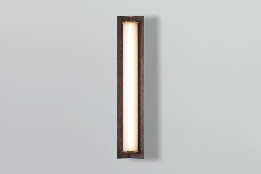 Penna LED Sconce by Cerno, showing front view of penna led sconce in 40", brushed brass metal + dark stained walnut wood.