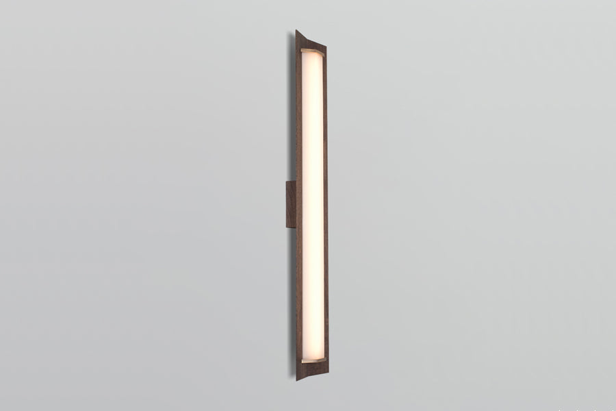 Penna LED Sconce by Cerno, showing side view of penna led sconce in 40", brushed brass metal + dark stained walnut wood.