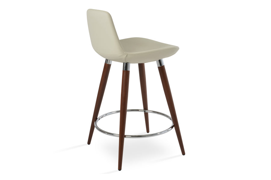 Pera Ana Counter Stool by SohoConcept, showing back angle view of pera ana stool in cream ppm with walnut veneer steel (stainless steel bracelet/footrest).