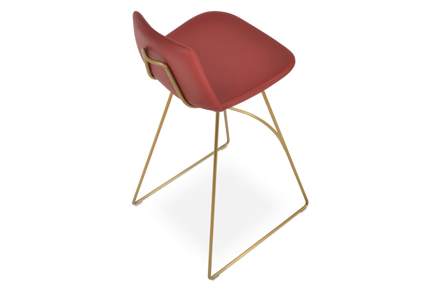 Pera HB Wire Counter Stool by SohoConcept, showing top view of pera hb wire stool in dark red ppm with gold brass steel base.