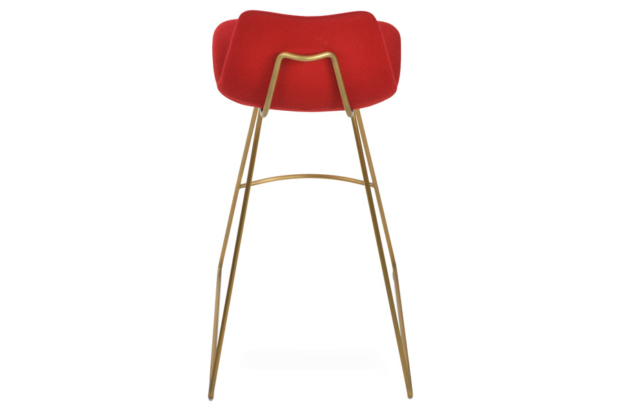 Pera HB Wire Counter Stool by SohoConcept, showing back view of pera hb wire stool in camira red wool with gold brass steel base.