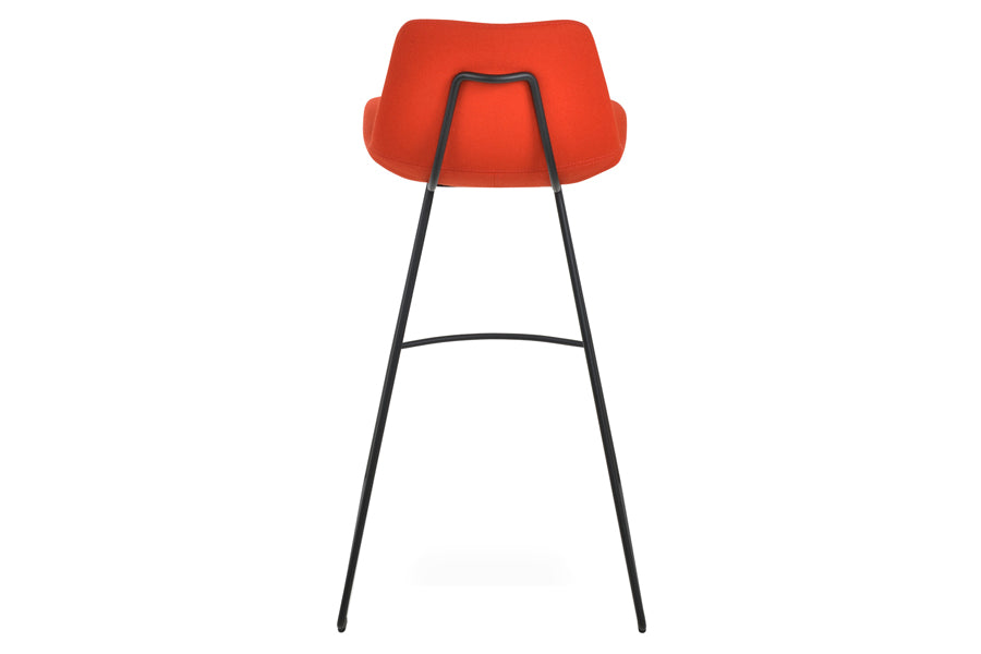 Pera HB Wire Counter Stool by SohoConcept, showing back view of pera hb wire stool in camira orange wool with black powder coated steel base.