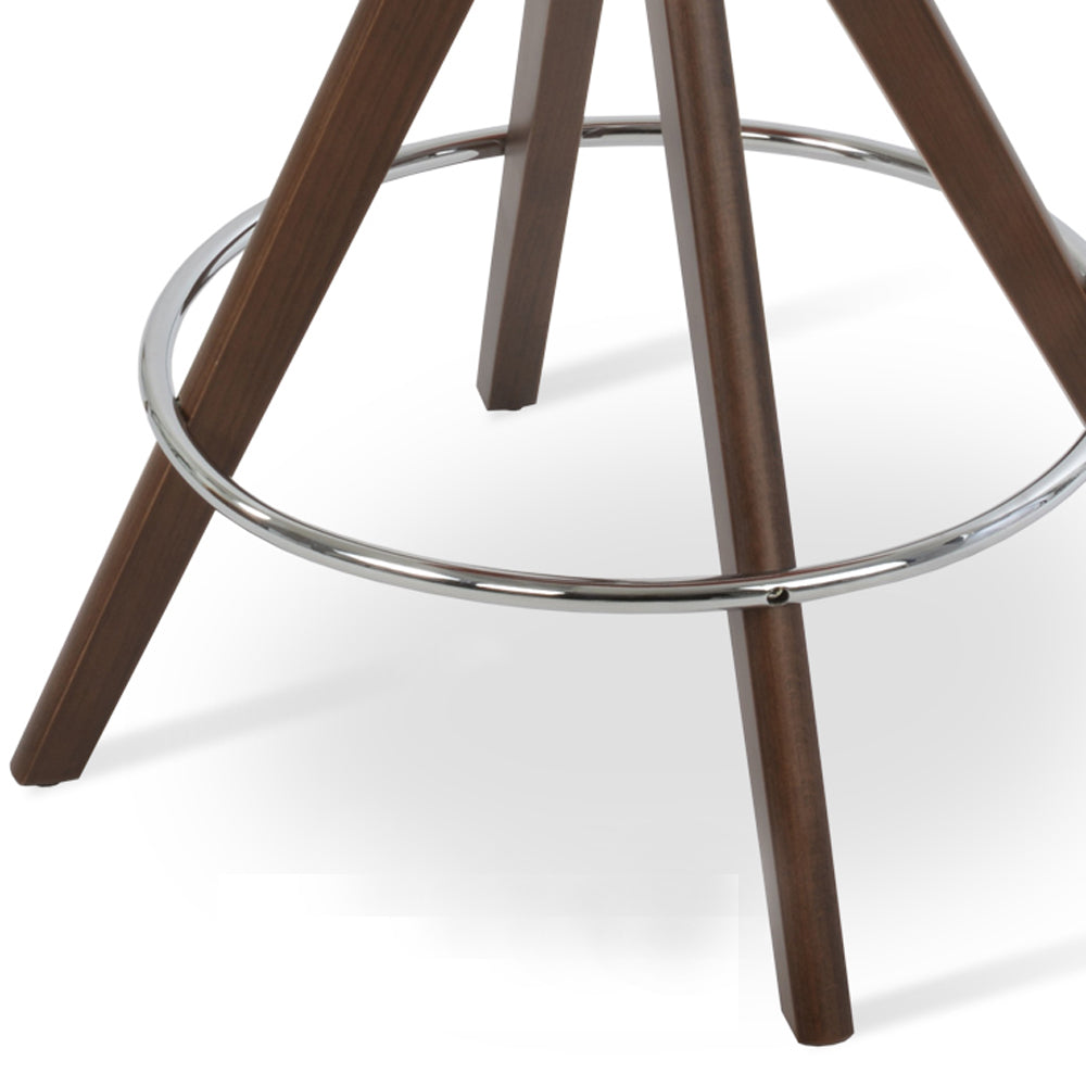 Pera Pyramid Swivel Counter Stool by SohoConcept, showing closeup view of pramid swivel counter stool in dark red ppm with beech walnut wood.