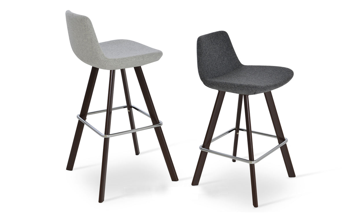 Pera Sword Stool by SohoConcept, showing counter/bar stools in camira blazer dark grey wool/silver wool with walnut veneer steel together.
