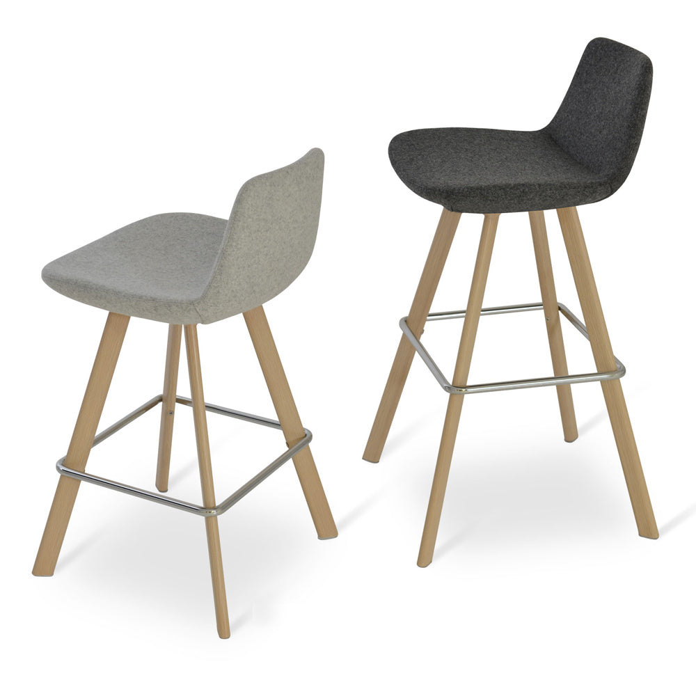 Pera Sword Stool by SohoConcept, showing counter/bar stools in camira blazer silver wool/dark grey wool with natural veneer steel together.