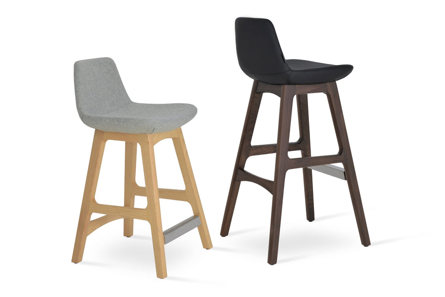 Pera Wood Counter Stool by SohoConcept, showing two pera wood stools in camira blazer silver wool/natural ash wood base with black ppm/american original walnut wood base.