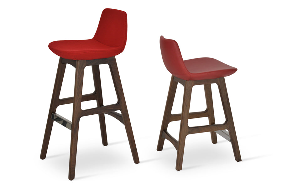 Pera Wood Counter Stool by SohoConcept, showing two pera wood stools in camira red wool & red leatherette with american original walnut wood base.