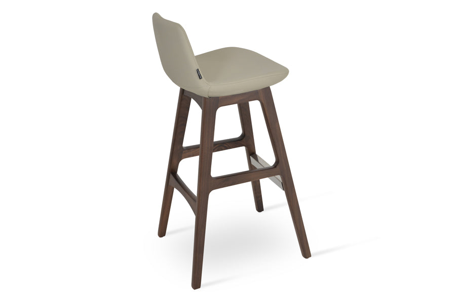 Pera Wood Counter Stool by SohoConcept, showing back angle view of pera wood stool in bone ppm with american original walnut wood base.