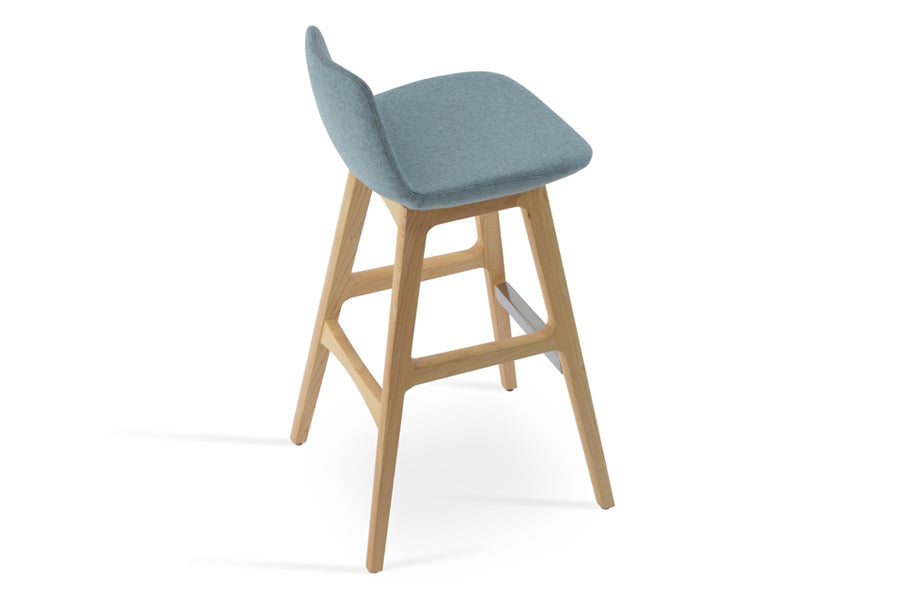 Pera Wood Counter Stool by SohoConcept, showing back angle view of pera wood stool in camira blazer smoke blue wool with natural ash wood base.