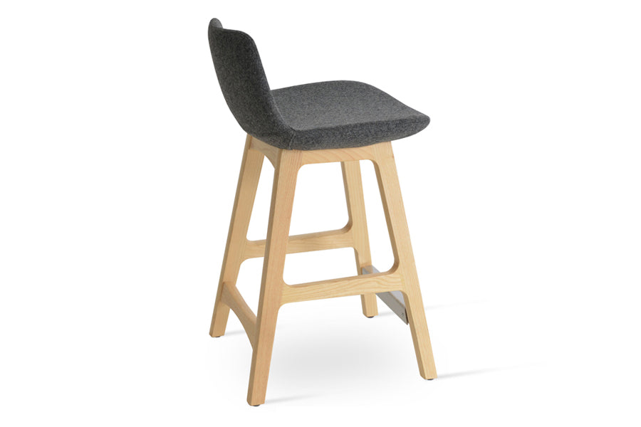 Pera Wood Counter Stool by SohoConcept, showing back angle view of pera wood stool in camira blazer silver wool with natural ash wood base.