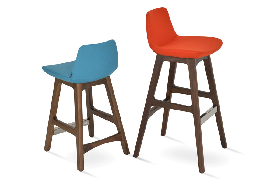 Pera Wood Counter Stool by SohoConcept, showing two pera wood stools in camira turquoise wool/american walnut base with camira orange wool/american original walnut wood base.