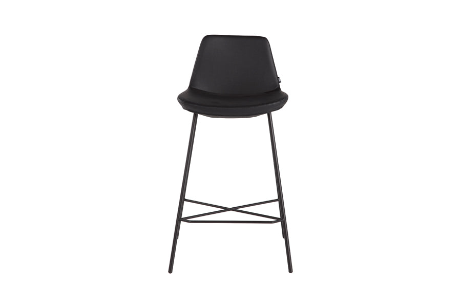 Pera X Metal Stool by B&T, showing front view of 33" counter height pera x metal stool in black eco leather.