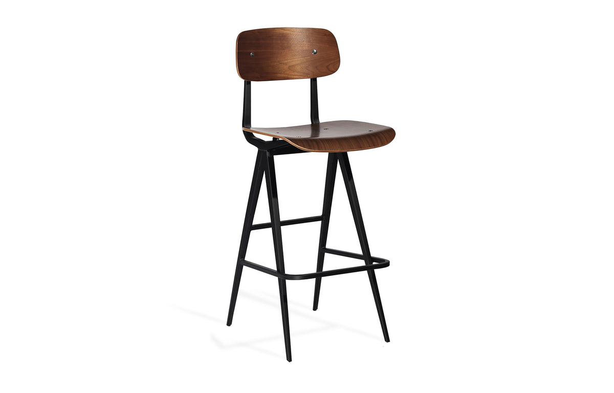 Perla Bar Stool by SohoConcept - Plywood Walnut Veneer Seat, Matte Black Frame.
