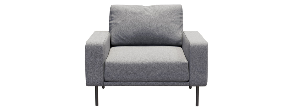 Piu Armchair by B&T, showing front view of piu armchair in light gray nino fabric.