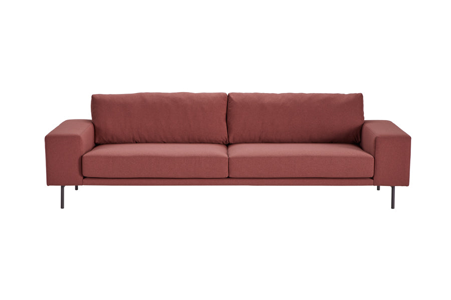 Piu Sofa by B&T, showing front view of piu sofa in red nino fabric.
