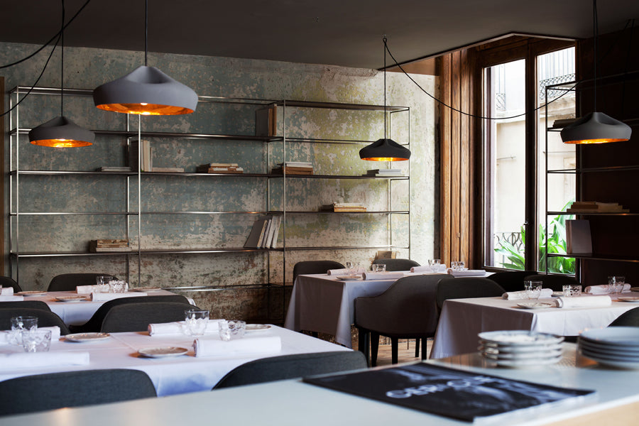 Pleat Box Pendant by Marset, showing pleat box pendants in live shot.