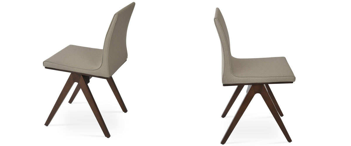 Polo Fino Wood Dining Chair by SohoConcept, showing two polo fino wood chairs in camira era beige fabric.