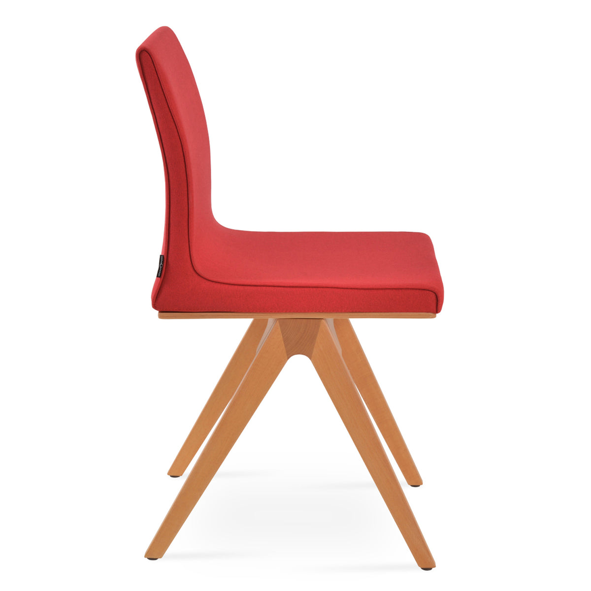Polo Fino Wood Dining Chair by SohoConcept, showing side view of polo fino wood chair in camira era red fabric.