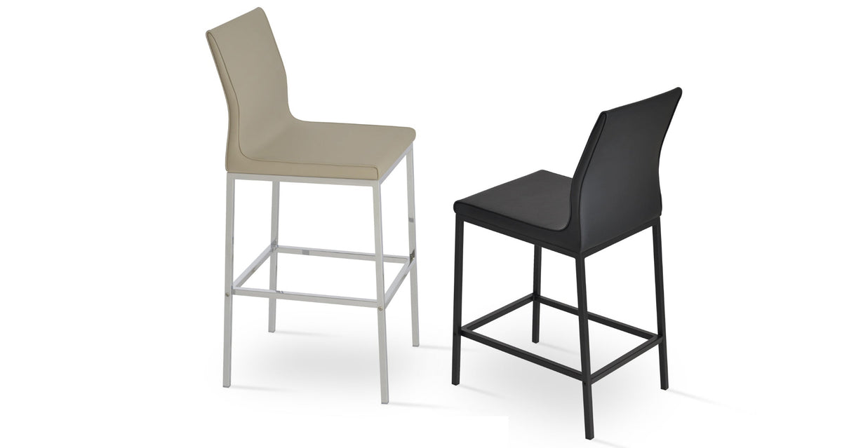 Polo Metal Stool by SohoConcept, showing metal counter/bar stools in bone ppm with chrome finish & black ppm with black powder finish.