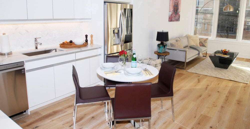 Polo Metal Dining Chair by SohoConcept, showing metal dining chairs with table in live shot.
