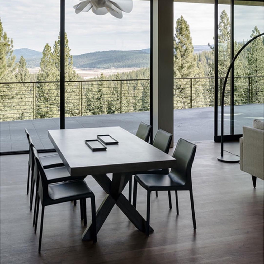 Polo Metal Dining Chair by SohoConcept, showing metal dining chairs with table in live shot.