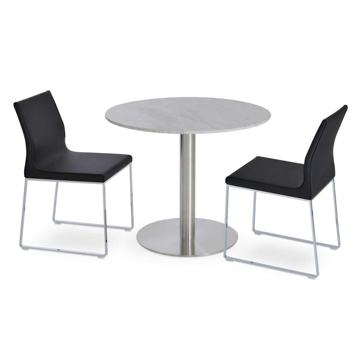 Polo Sled Chair by SohoConcept, showing two sled chairs with table.