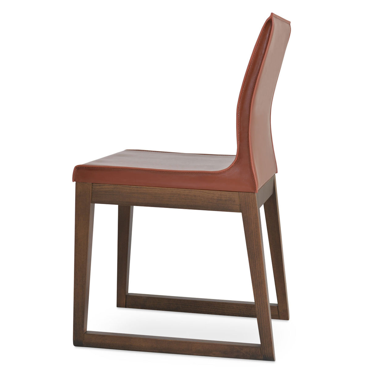 Polo Sled Wood Chair by SohoConcept, showing side view of polo sled wood chair in light brown bonded leather with walnut wood base.