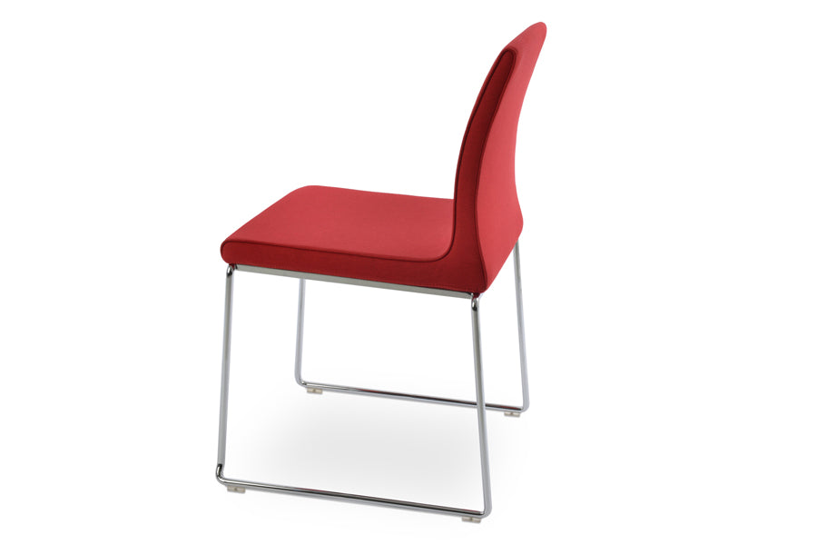 Polo Wire Stackable Chair by SohoConcept, showing side view in camira era red fabric (flexible back) with chrome base.