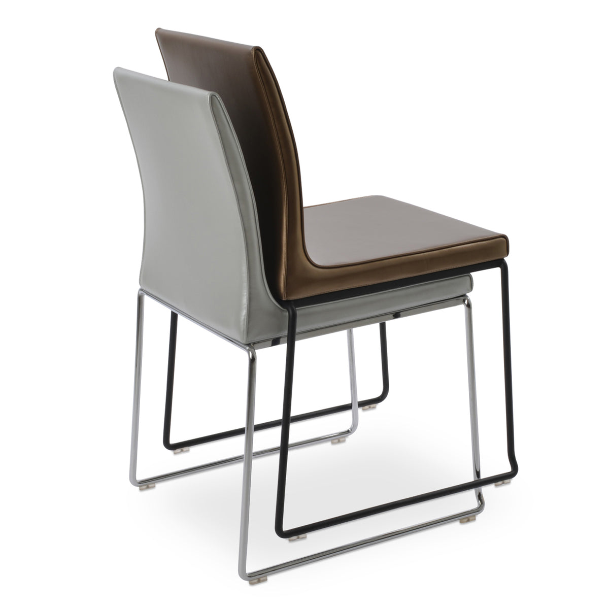 Polo Wire Stackable Chair by SohoConcept, showing two polo wire stackable chairs in silver ppm (flexible back)/chrome base and gold ppm (flexible back)/black base.