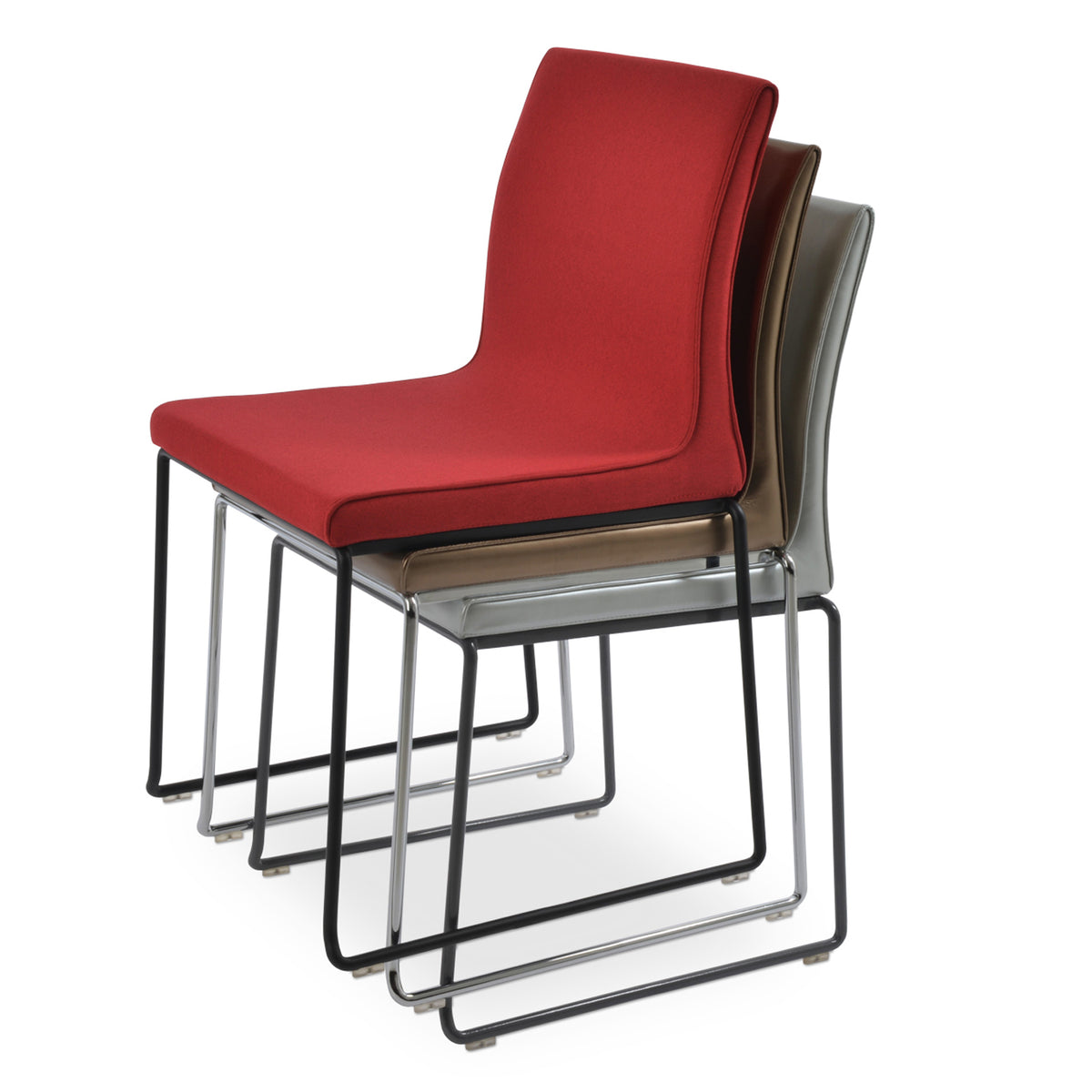 Polo Wire Stackable Chair by SohoConcept, showing angle view of polo wire stackable chairs in different colors.