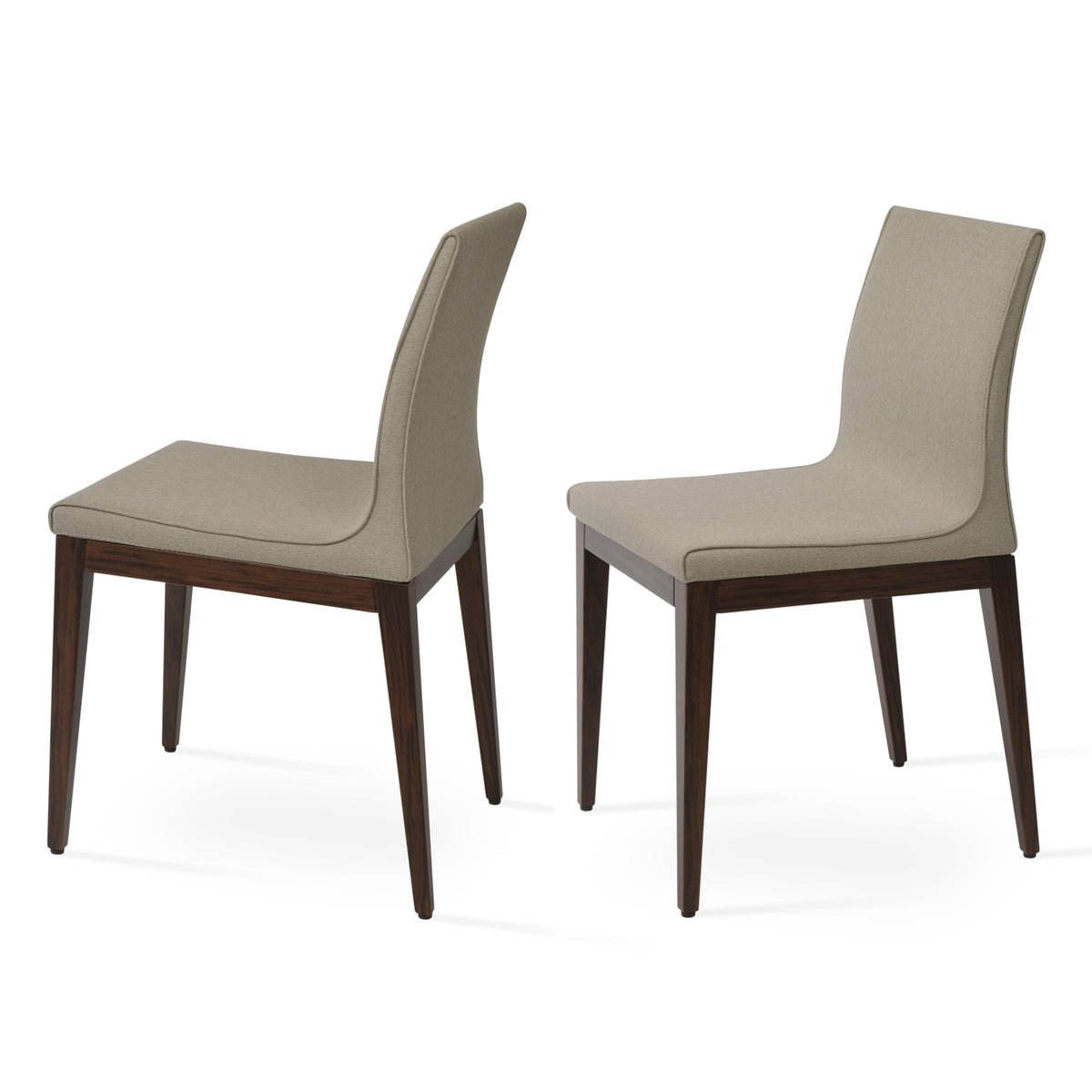 Polo Wood Chair by SohoConcept, showing two polo wood dining chairs in camira era beige fabric with walnut wood base.
