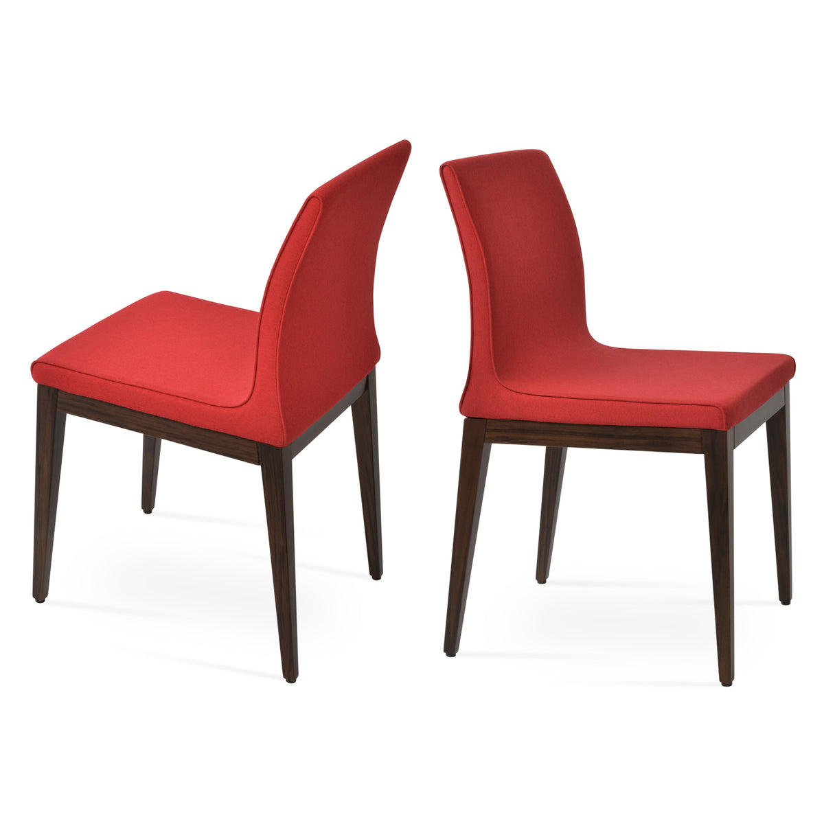 Polo Wood Chair by SohoConcept, showing two polo wood dining chairs in camira era red fabric with malibu dining table/natural ash wood base.