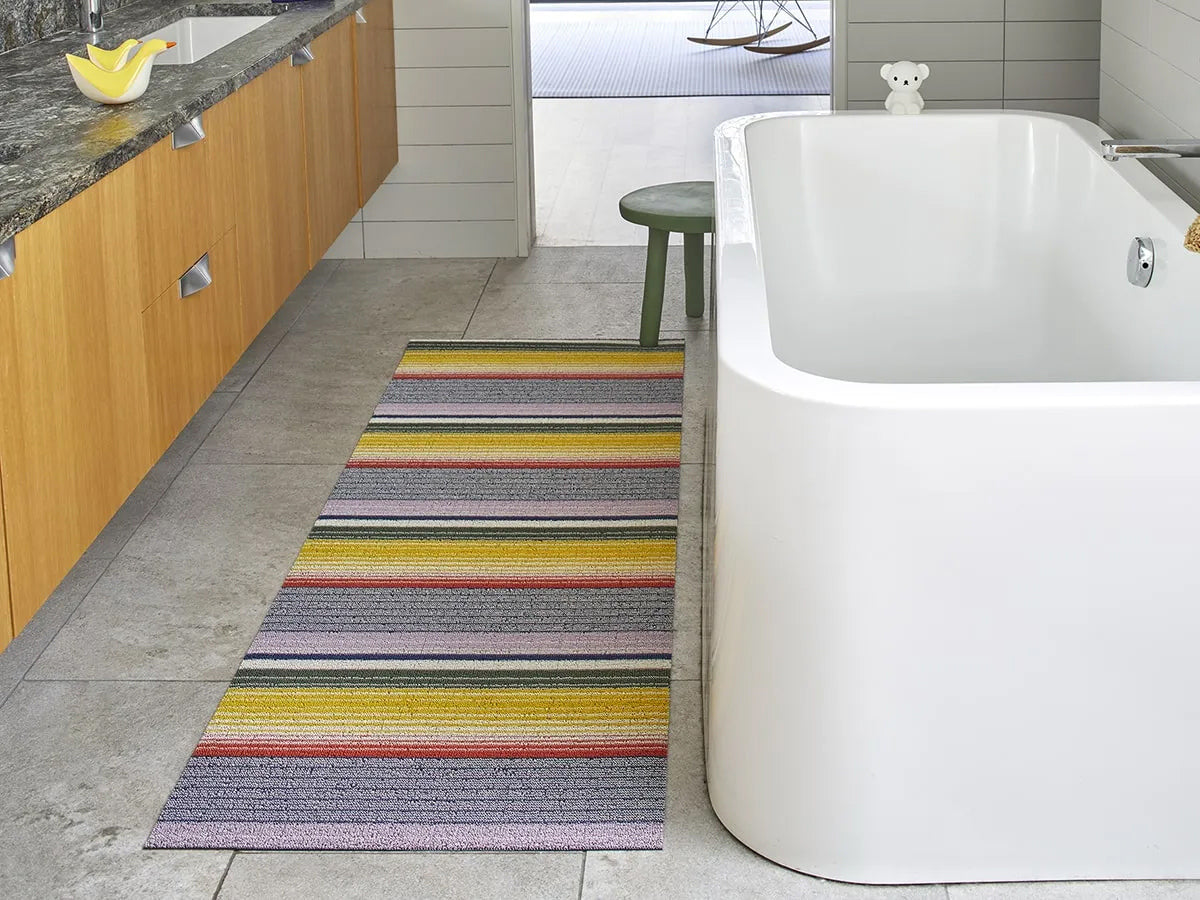 Pop Stripe Shag Mat by Chilewich, showing pop stripe shag mat in live shot.