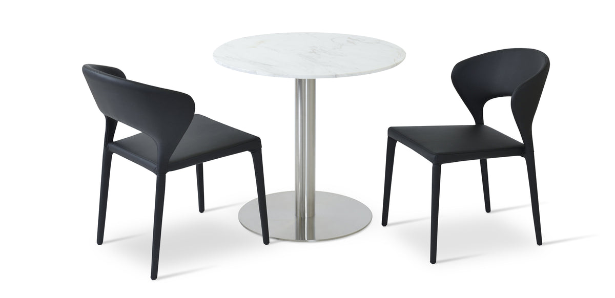 Prada Full Upholstered Stackable Chair by SohoConcept, showing two full upholstered stackable dining chairs with table.