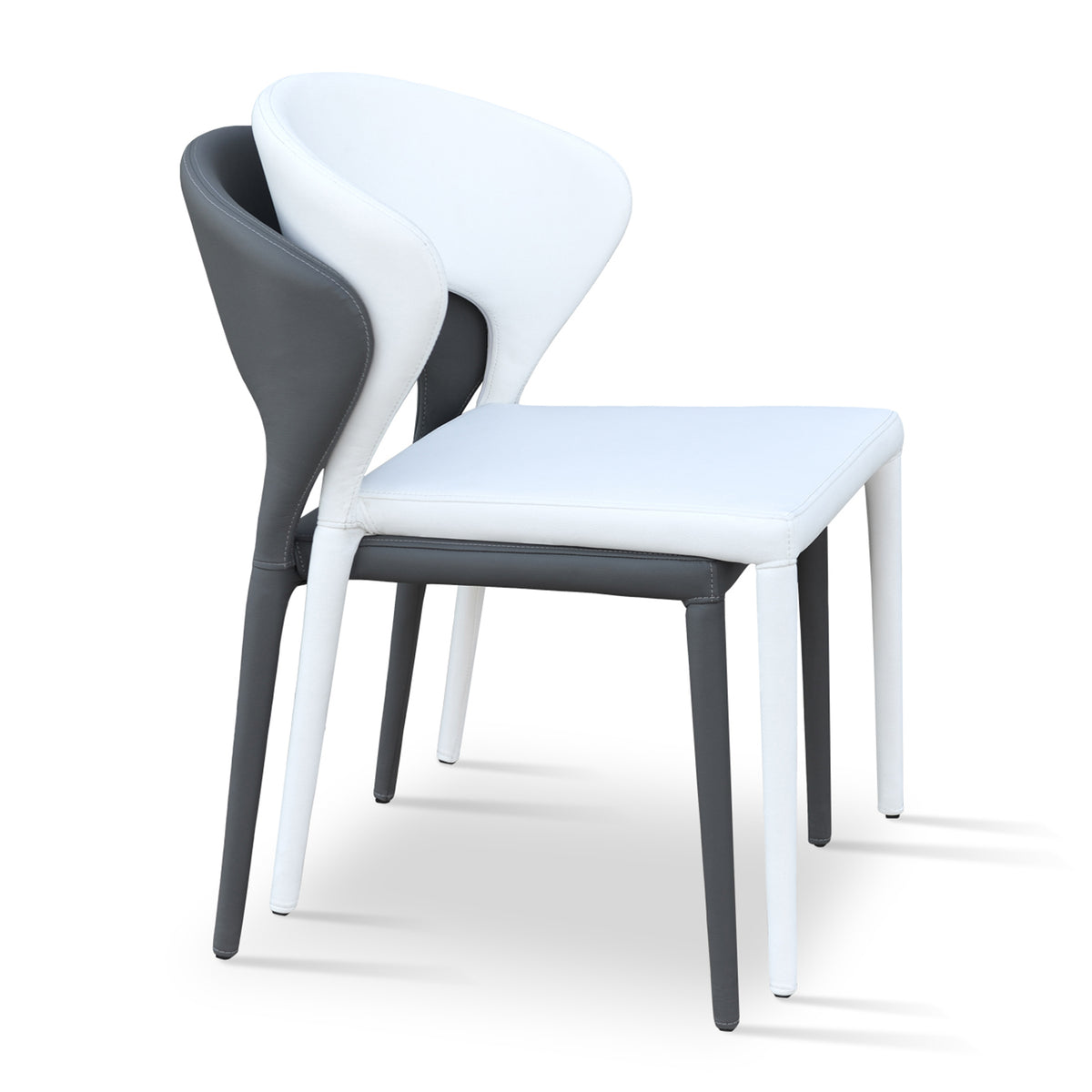 Prada Full Upholstered Stackable Chair by SohoConcept, showing two full upholstered stackable dining chairs together.