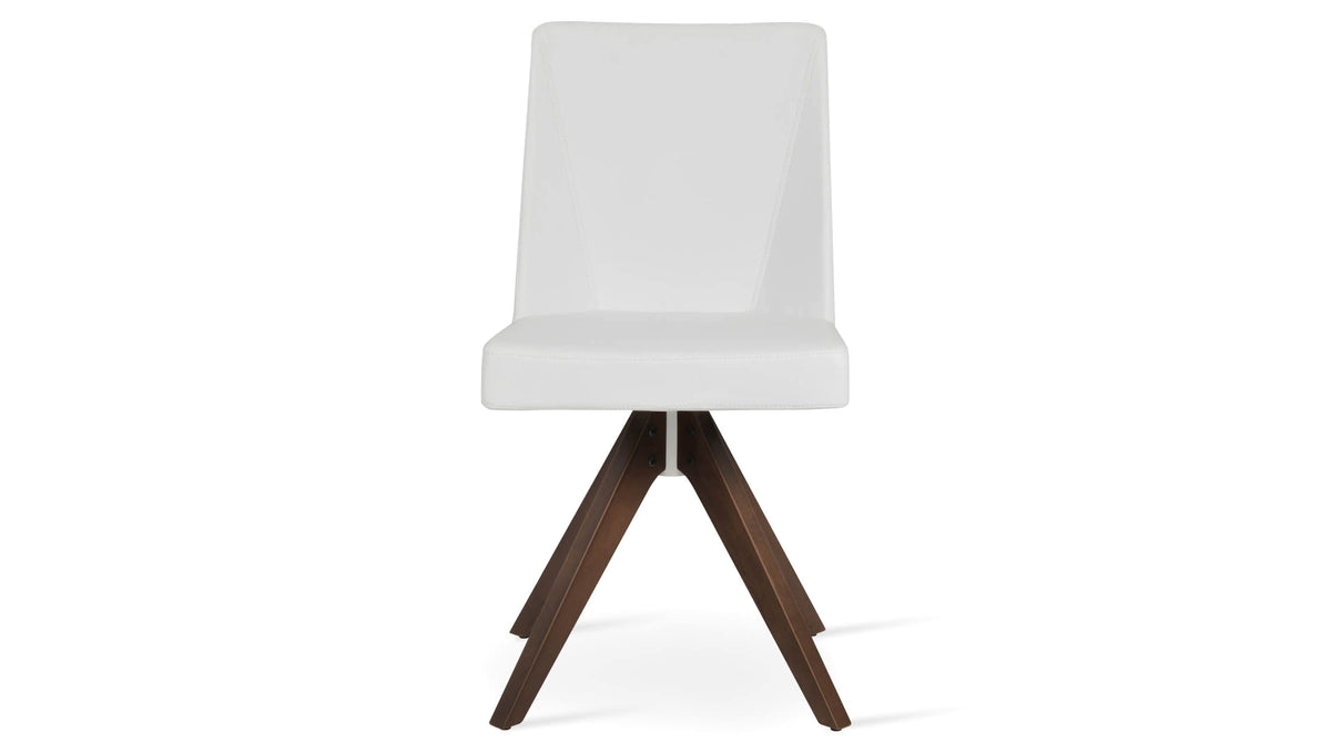 Prisma Pyramid Swivel Chair by SohoConcept, showing front view of prisma pyramid swivel dining chair in beech walnut wood/white leatherette.