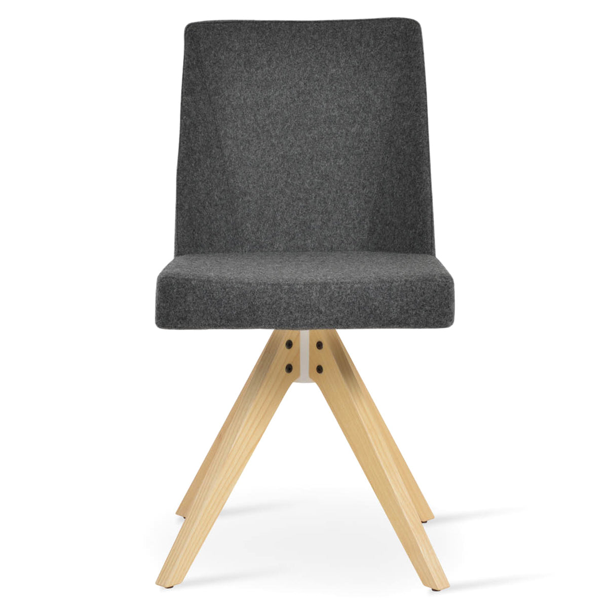 Prisma Pyramid Swivel Chair by SohoConcept, showing front view of prisma pyramid swivel dining chair in natural ash wood/camira blazer dark grey wool.