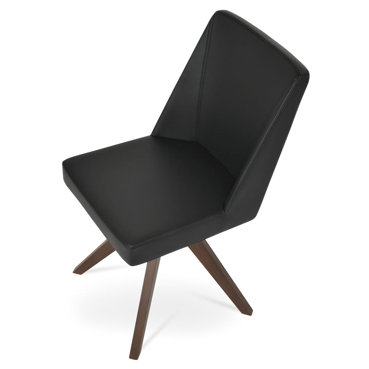 Prisma Pyramid Swivel Chair by SohoConcept, showing top view of prisma pyramid swivel dining chair in beech walnut wood/black leatherette.