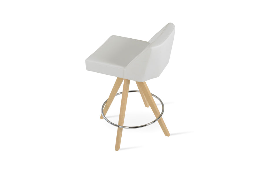 Prisma Pyramid Swivel Stool by SohoConcept, showing side view of prisma pyramid swivel stool in original natural ash wood/white leatherette.