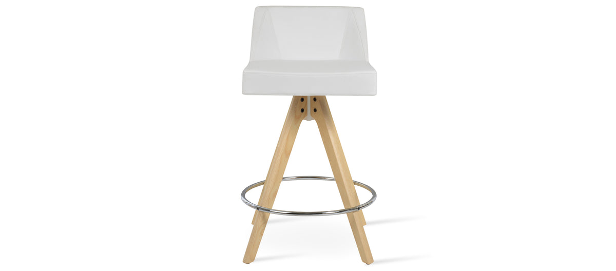 Prisma Pyramid Swivel Stool by SohoConcept, showing front view of prisma pyramid swivel stool in original natural ash wood/white leatherette.