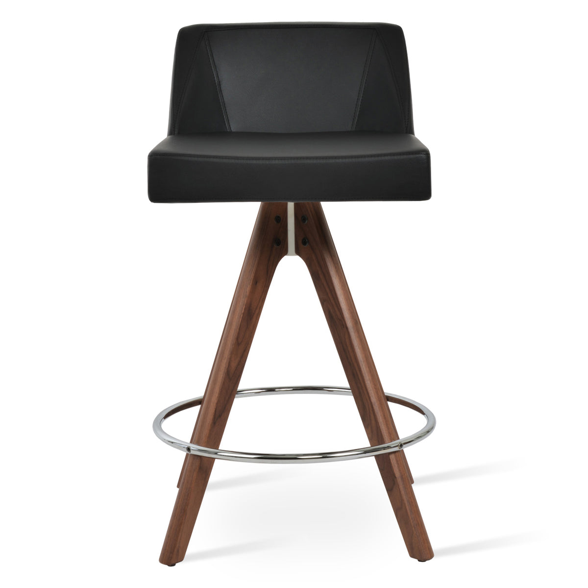 Prisma Pyramid Swivel Stool by SohoConcept, showing front view of prisma pyramid swivel stool in beech walnut wood/black leatherette.